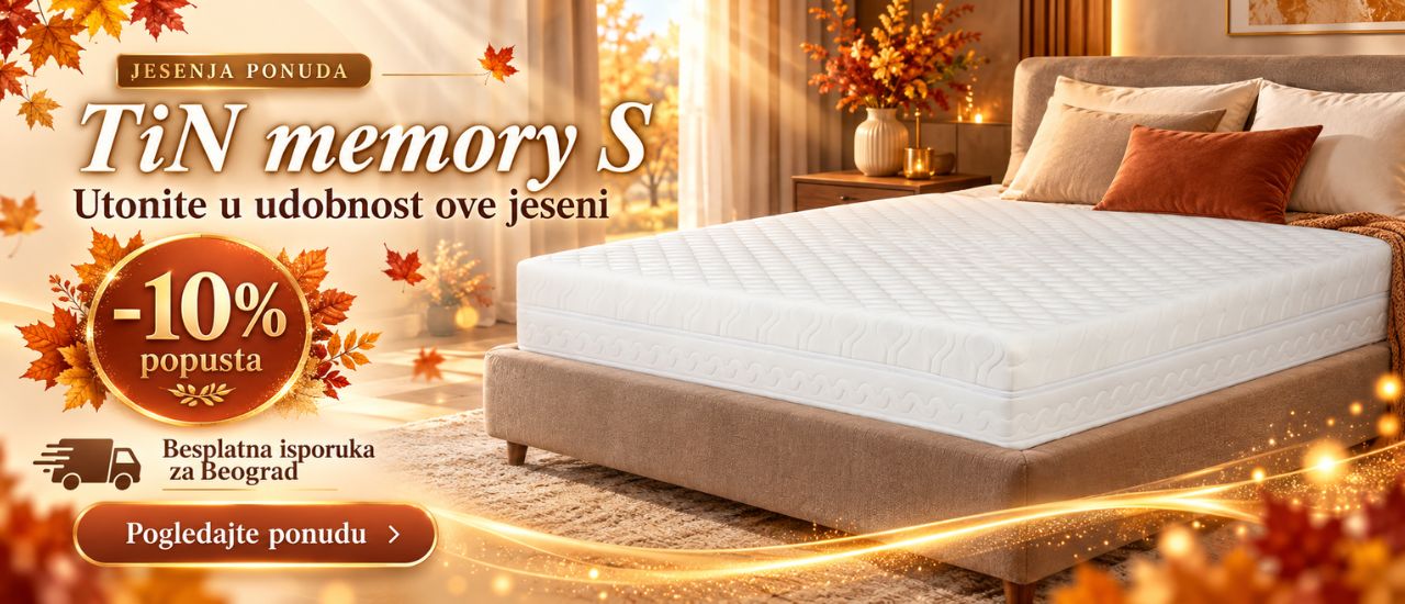 Dušek TiN memory S na krevetu u jesenjem ambijentu – 10% popusta i besplatna isporuka za Beograd.